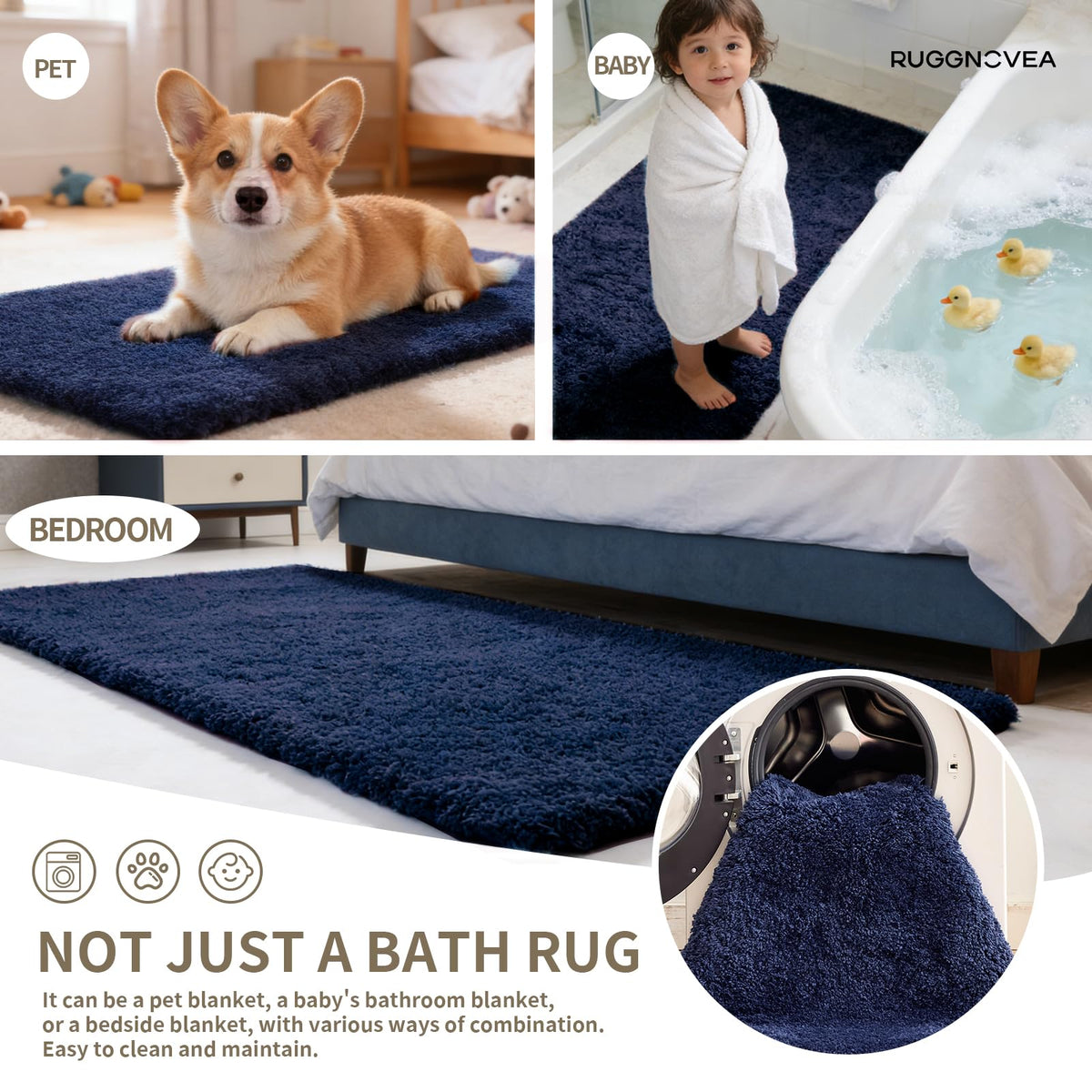 Ruggnovea navy rug enhances bathroom decor while reducing water drips.