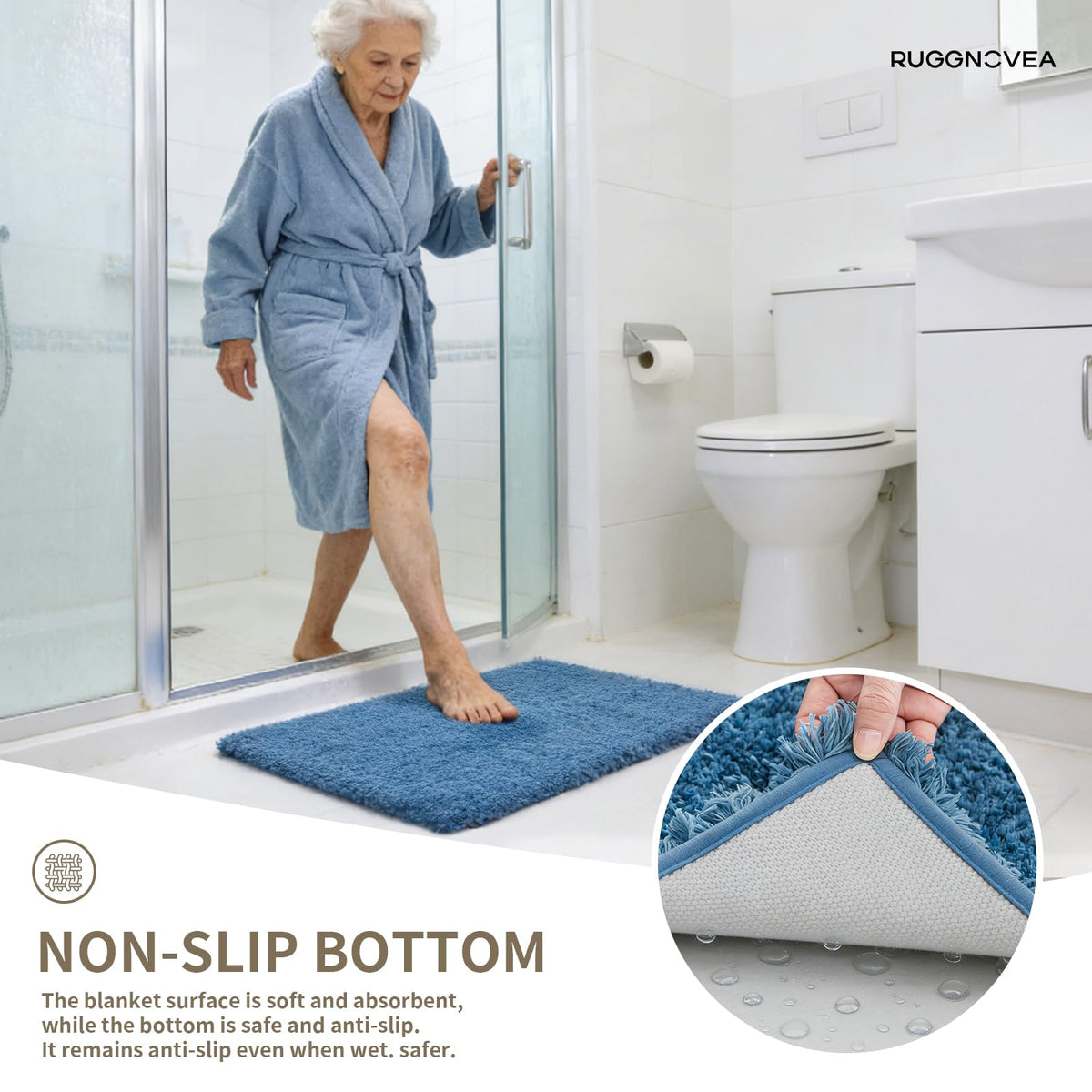 Ruggnovea plush shaggy pile provides soft underfoot feel at the sink