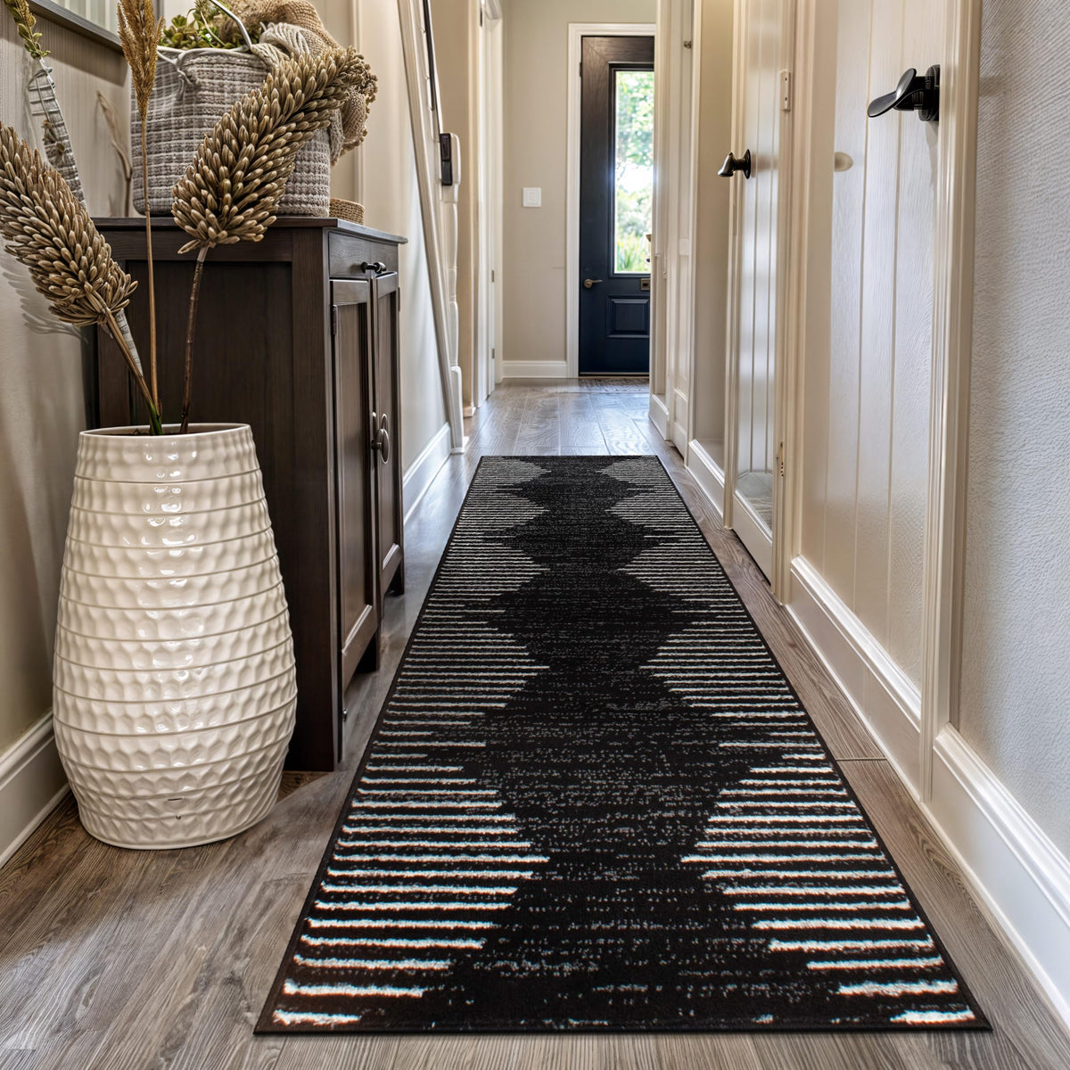 Rugshop Bohemian Stripe runner in black enhances high-traffic areas with bold color