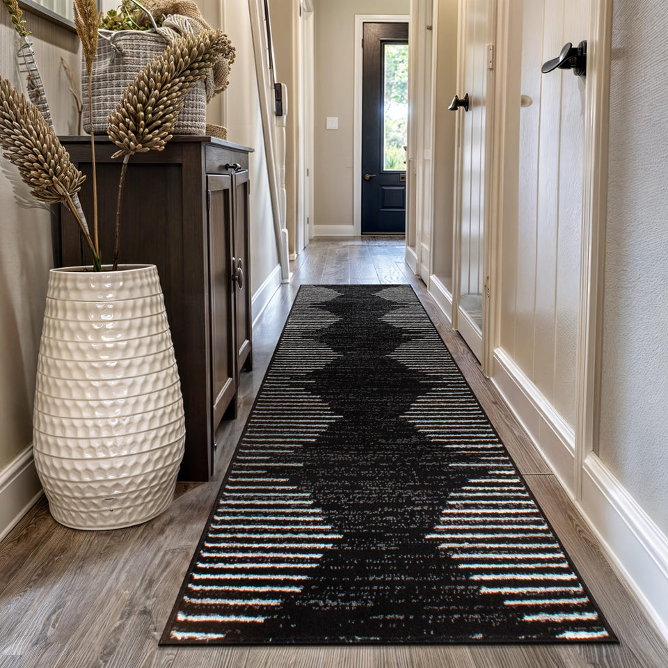 Rugshop Bohemian Stripe runner in black enhances high-traffic areas with bold color