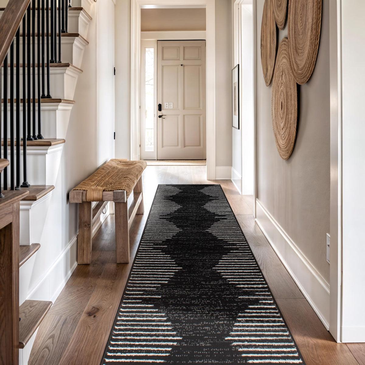 Durable polypropylene fibers on Rugshop Bohemian Stripe runner resist wear