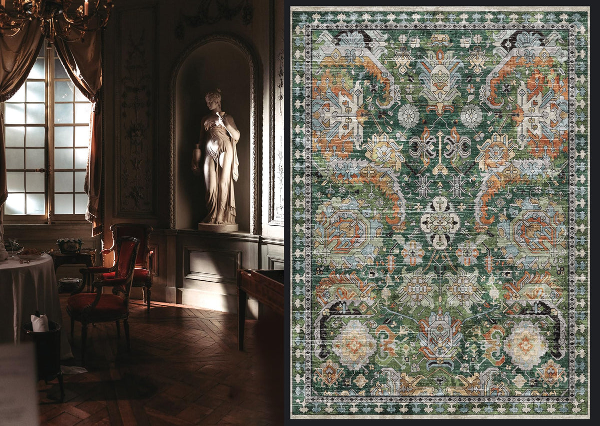 RUGSURE green washable area rug with vintage tribal pattern enhances stylish spaces.