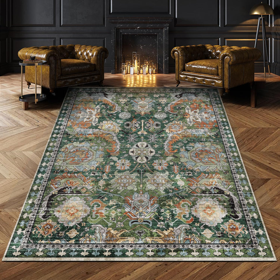 RUGSURE green washable area rug with non-slip backing for secure placement in busy rooms.