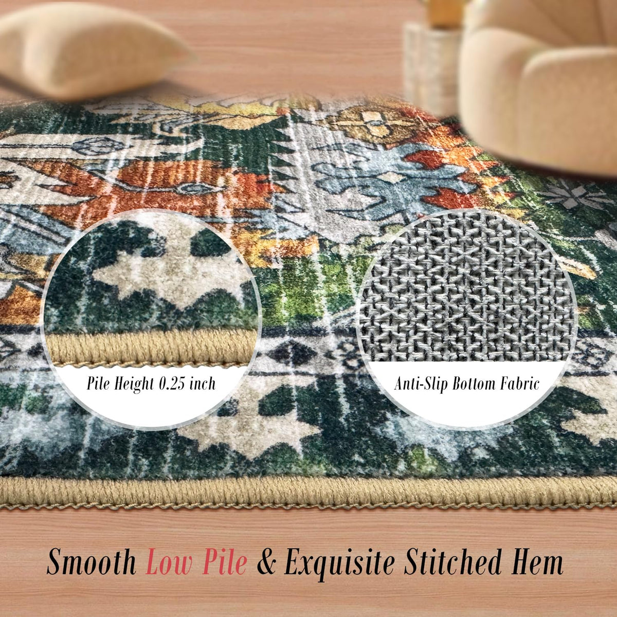 RUGSURE washable rug green low-pile, ideal for high-traffic dining rooms
