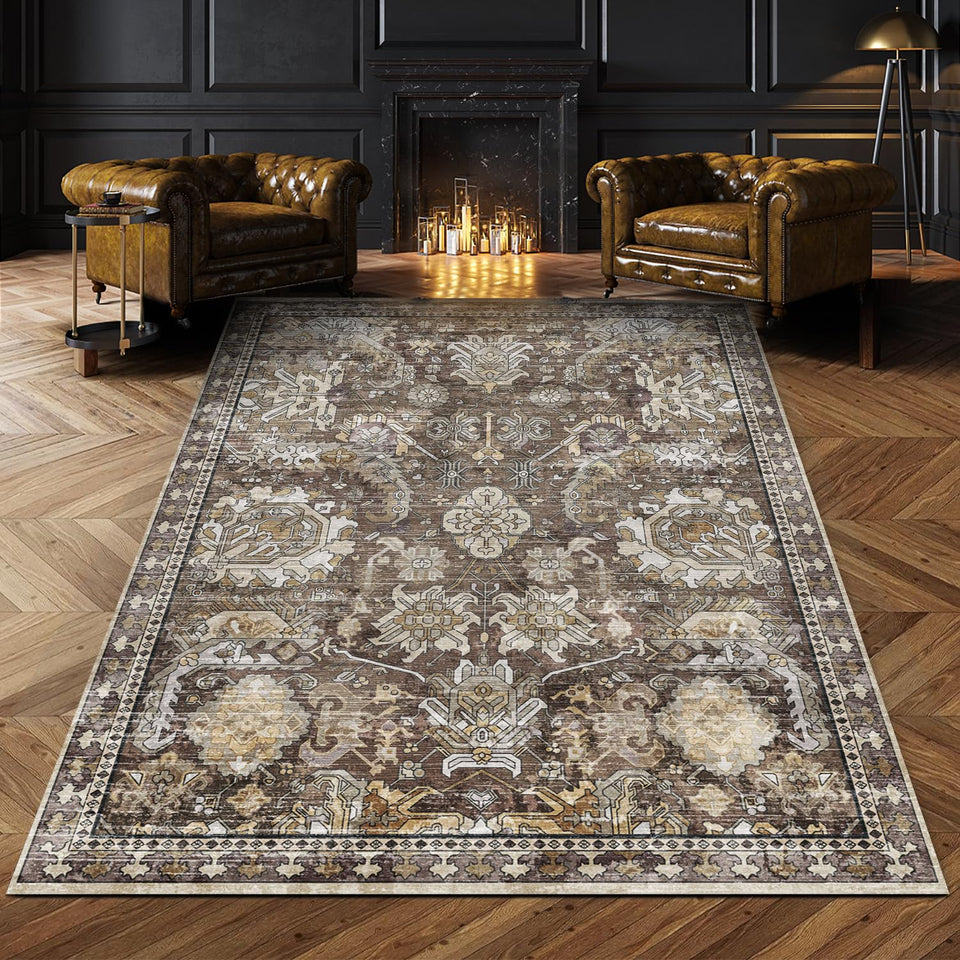 RUGSURE washable area rug for living rooms with non-slip backing and machine-washable care.