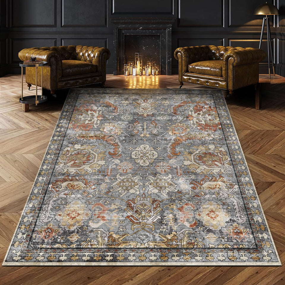 RUGSURE washable area rug in turmeric and grey for versatile living room styling.
