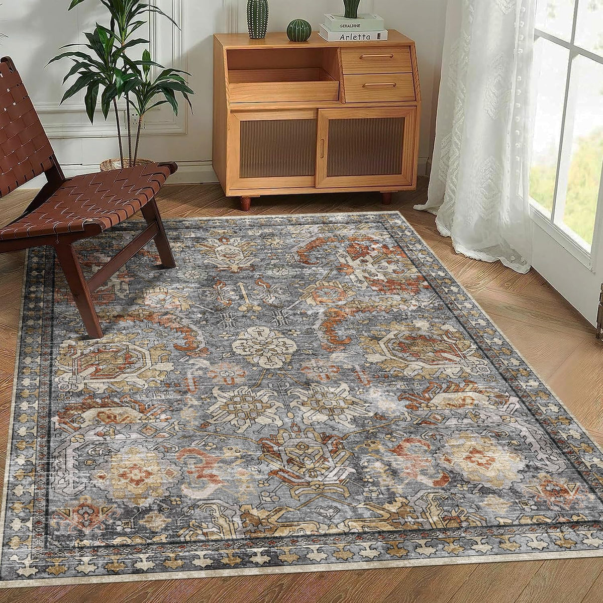 RUGSURE vintage tribal pattern blends turmeric and grey tones