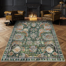 RUGSURE washable rug with green medallion design offers timeless style and easy machine washing.