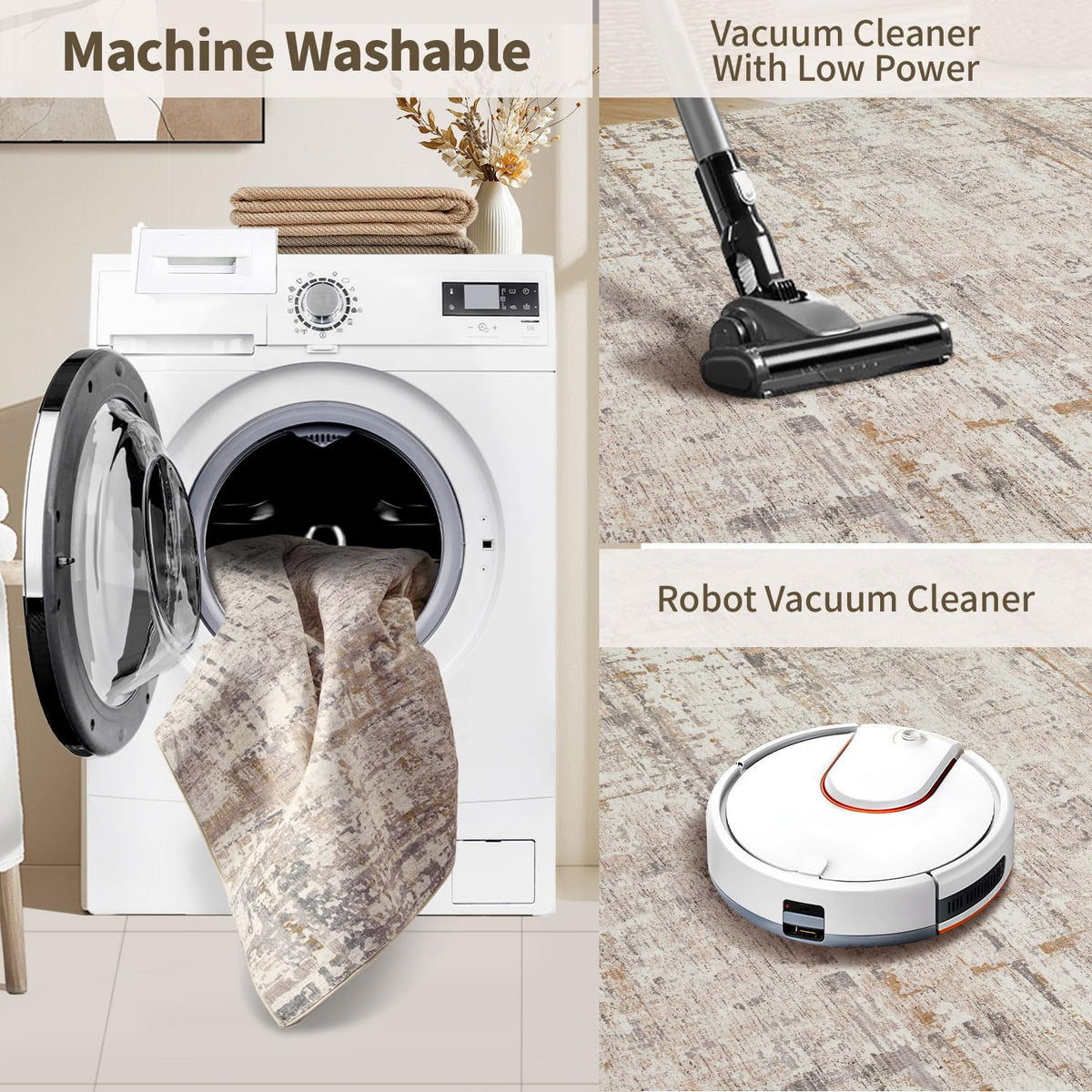 Rugxara beige and grey tones complement modern and vintage styles.