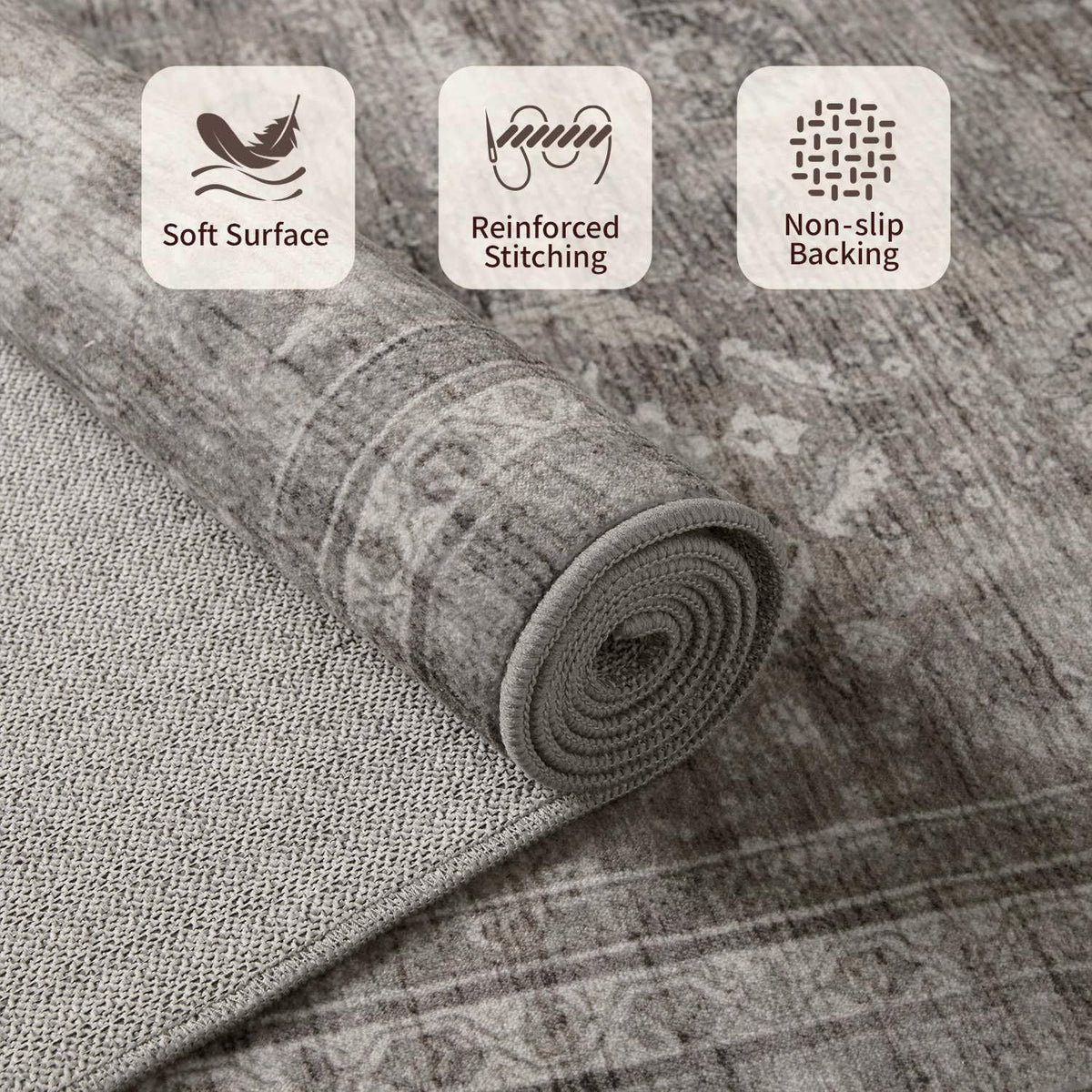 Rugxara low-pile faux wool rug fits under furniture.
