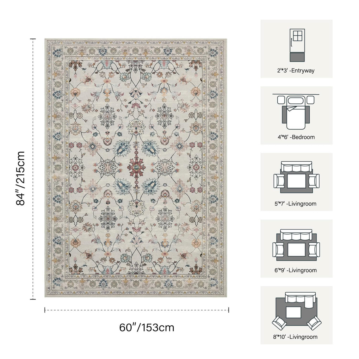 Rugxara low-pile rug grey fits under furniture while minimizing tripping.