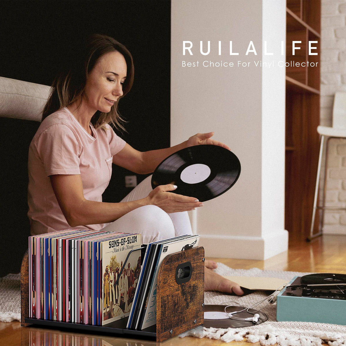 RUILALIFE vinyl record display with movable divider keeps LPs upright.