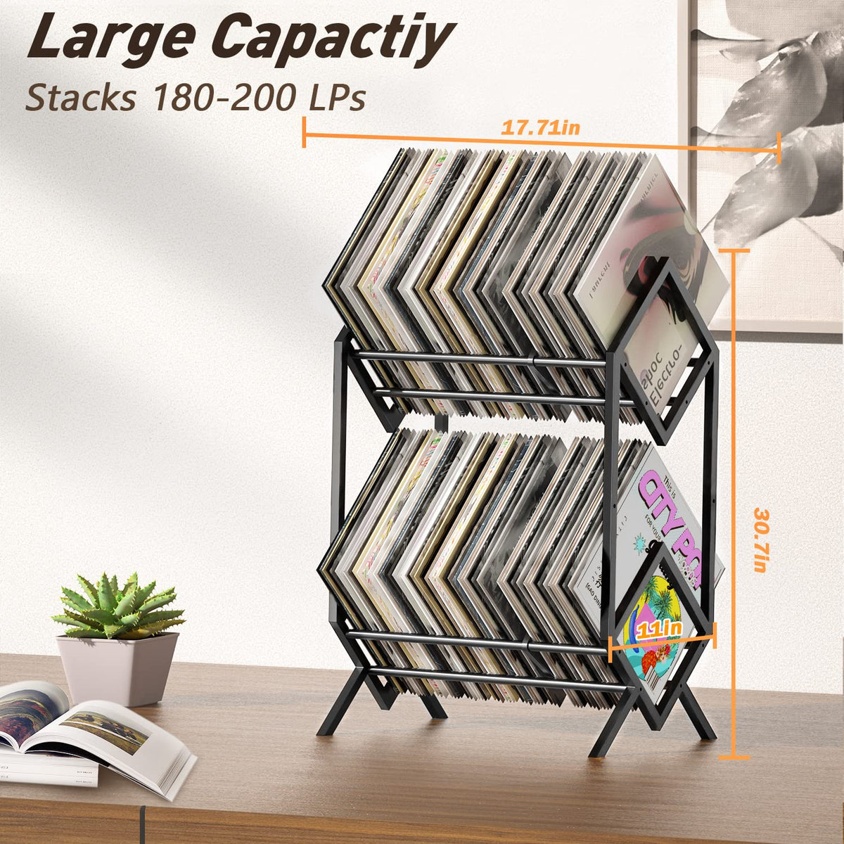 RUILALIFE large-capacity rack holds 180–200 LPs for easy access.