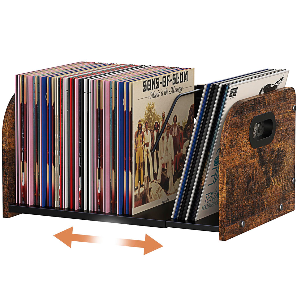 RUILALIFE expandable vinyl record storage rack with sturdy wood-metal build.