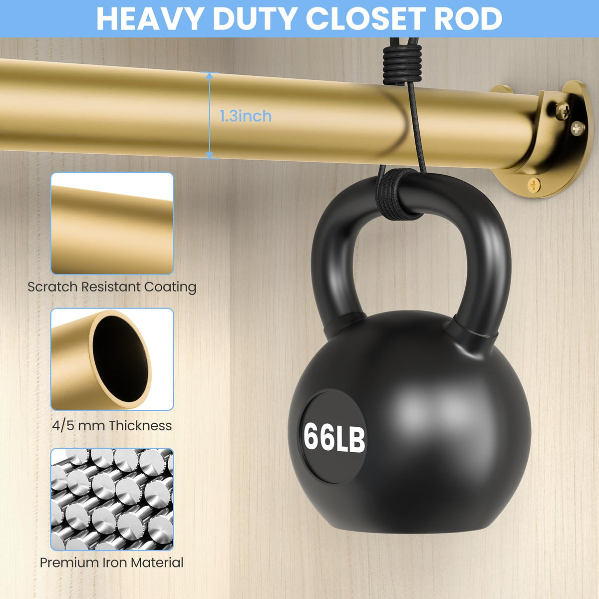 Ruiony 1.3-inch diameter gold closet rod provides sturdy, durable support.