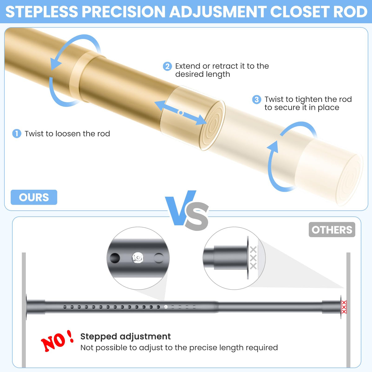 Ruiony closet rod extends from 17 to 54 inches for a precise fit.