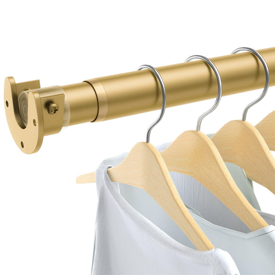 Ruiony stepless adjustable closet rod showing flexible length for any closet space.