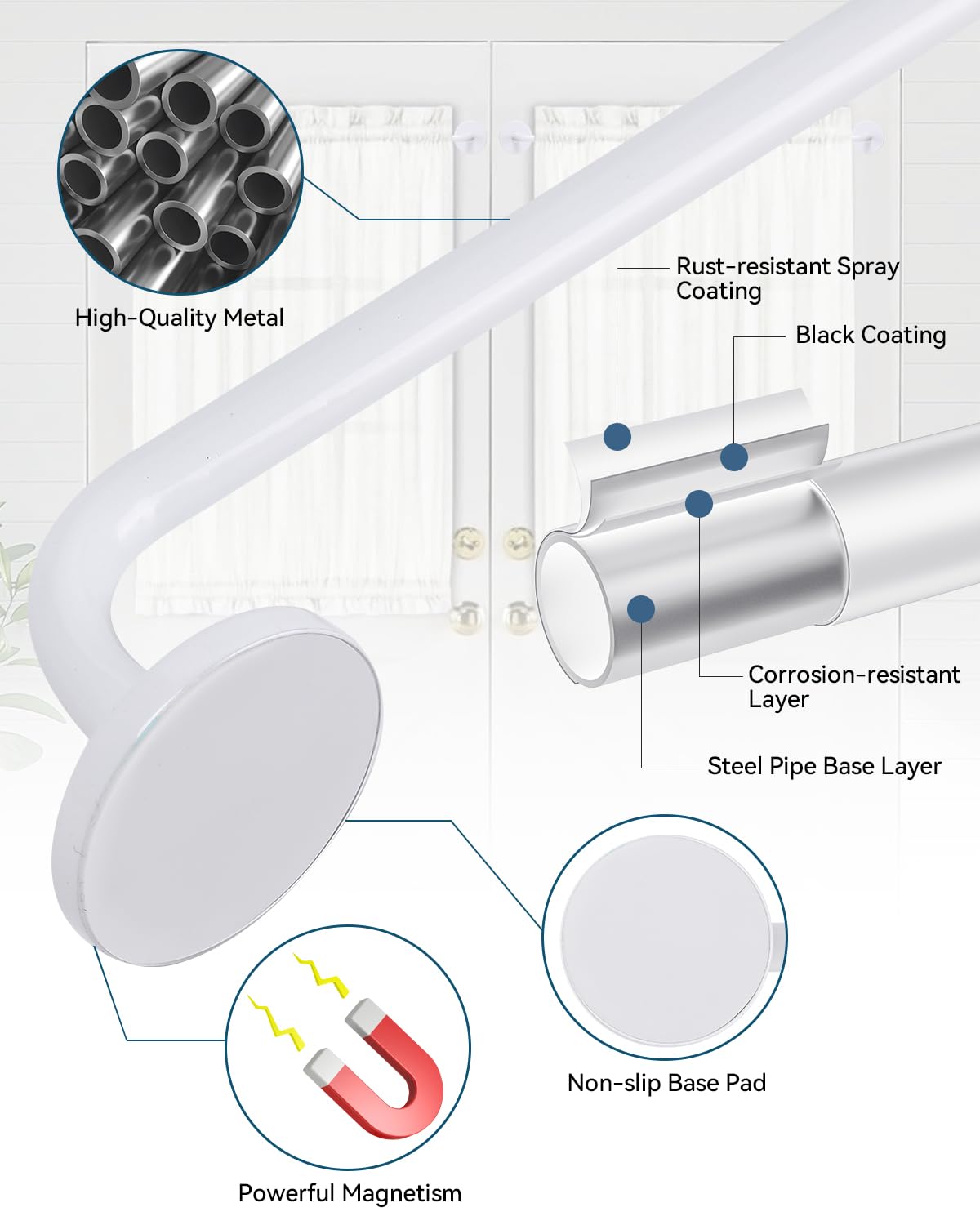 Ruiony magnetic curtain rod demonstrates telescoping extension for adjustable length.