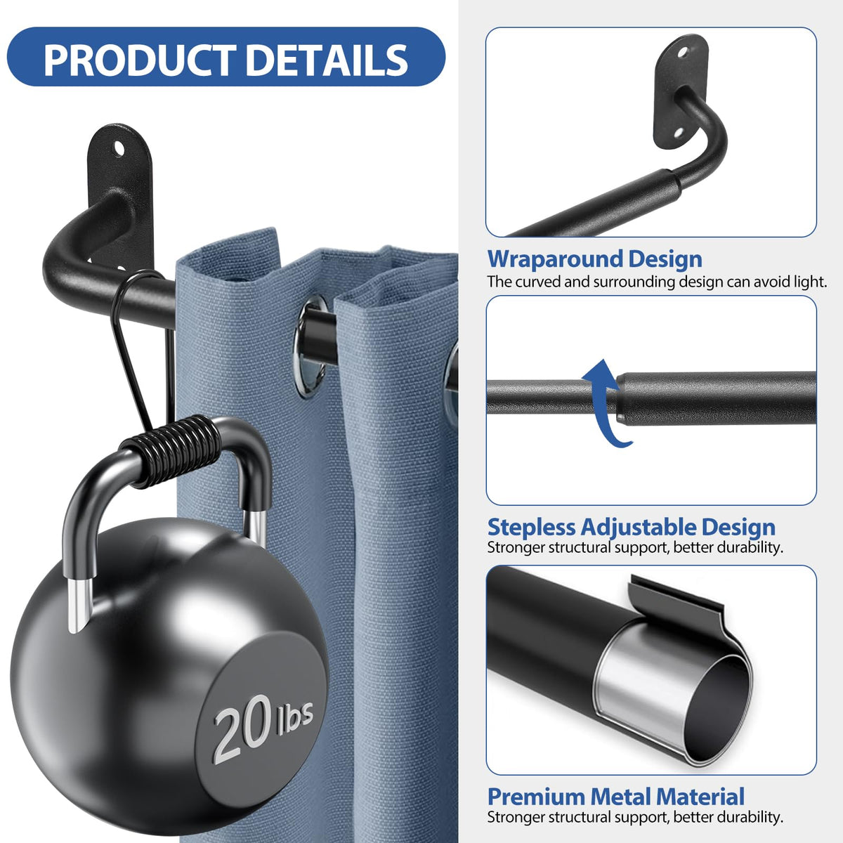 Ruiony stainless steel half-inch diameter rod provides durable support for curtains
