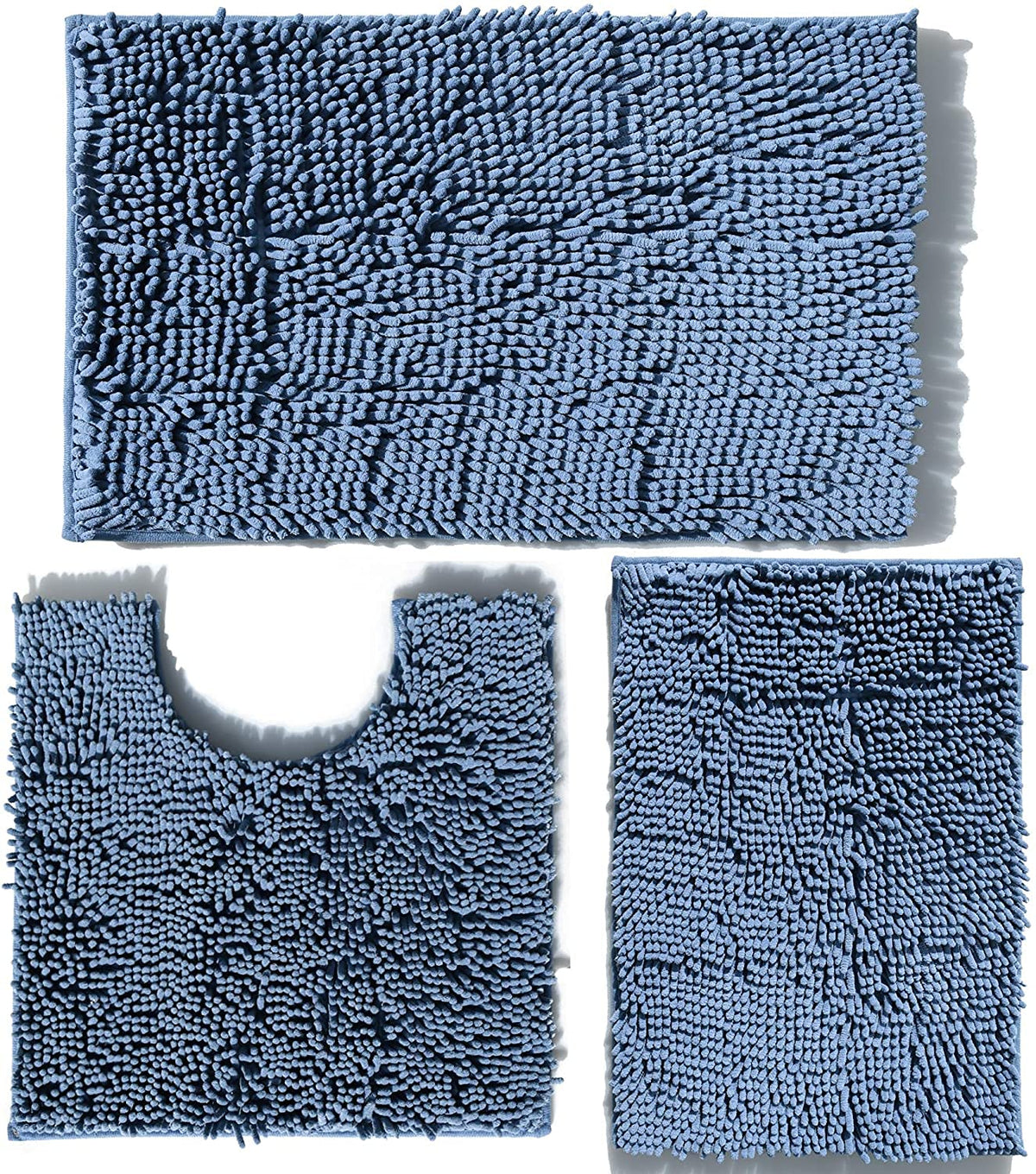 RUN HELIX bathroom decor scene with plush blue rugs