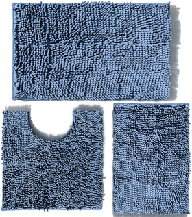 RUN HELIX bathroom decor scene with plush blue rugs