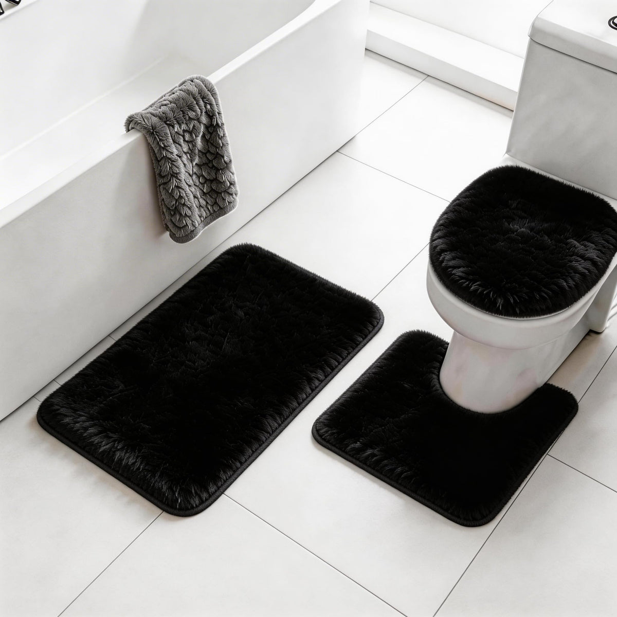 RUN HELIX black bathroom rug set with shaggy texture adds warmth to cold floors.