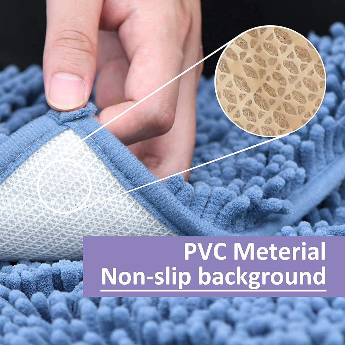 RUN HELIX blue chenille large mat 20x32 side view absorbent pile