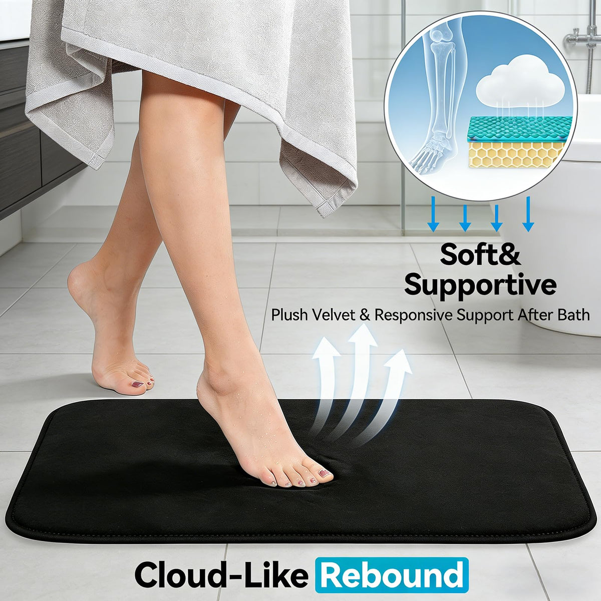 RUN HELIX memory foam velvet rug delivers plush spa-like underfoot feel
