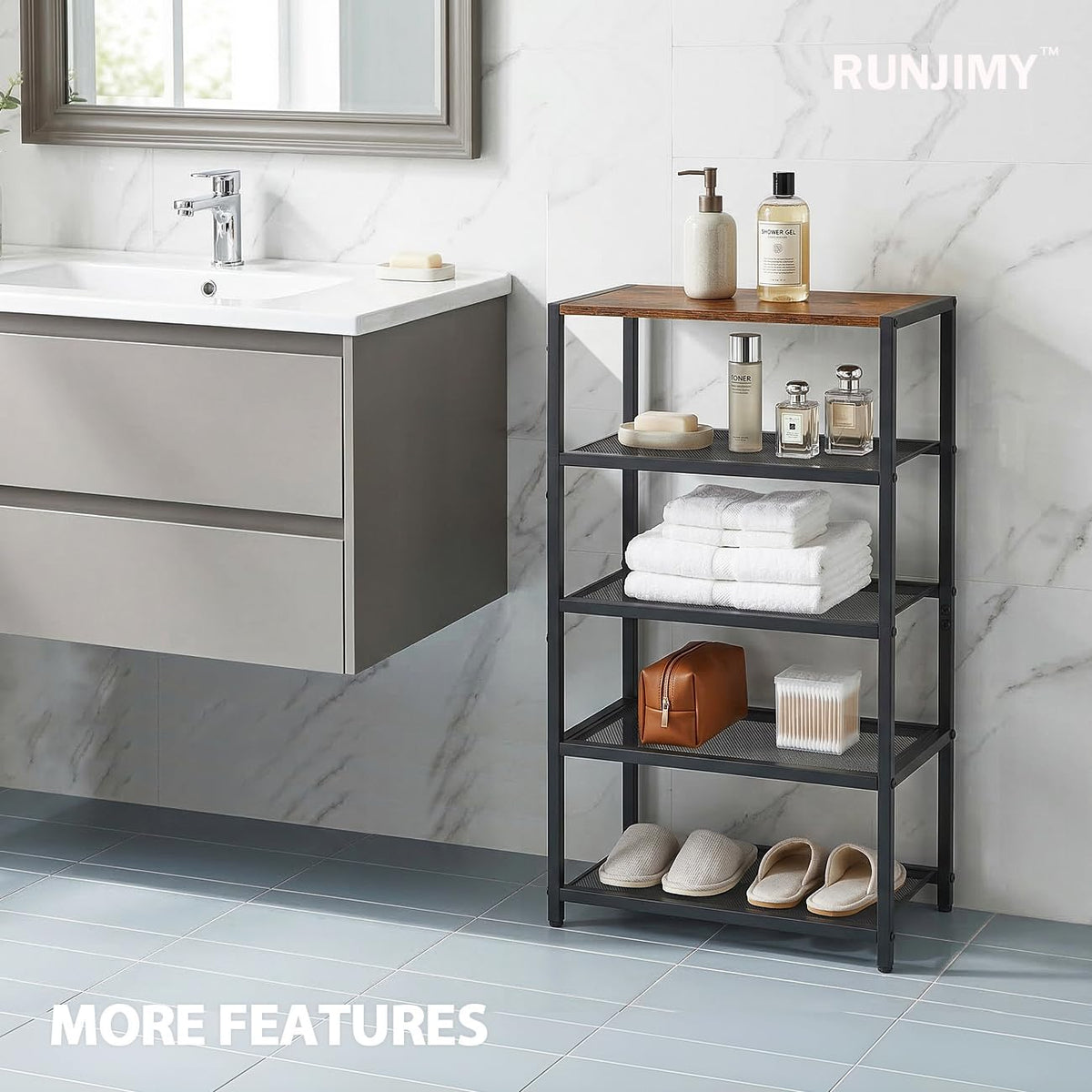 RUNJIMY rack holds up to ten pairs of shoes for easy access.