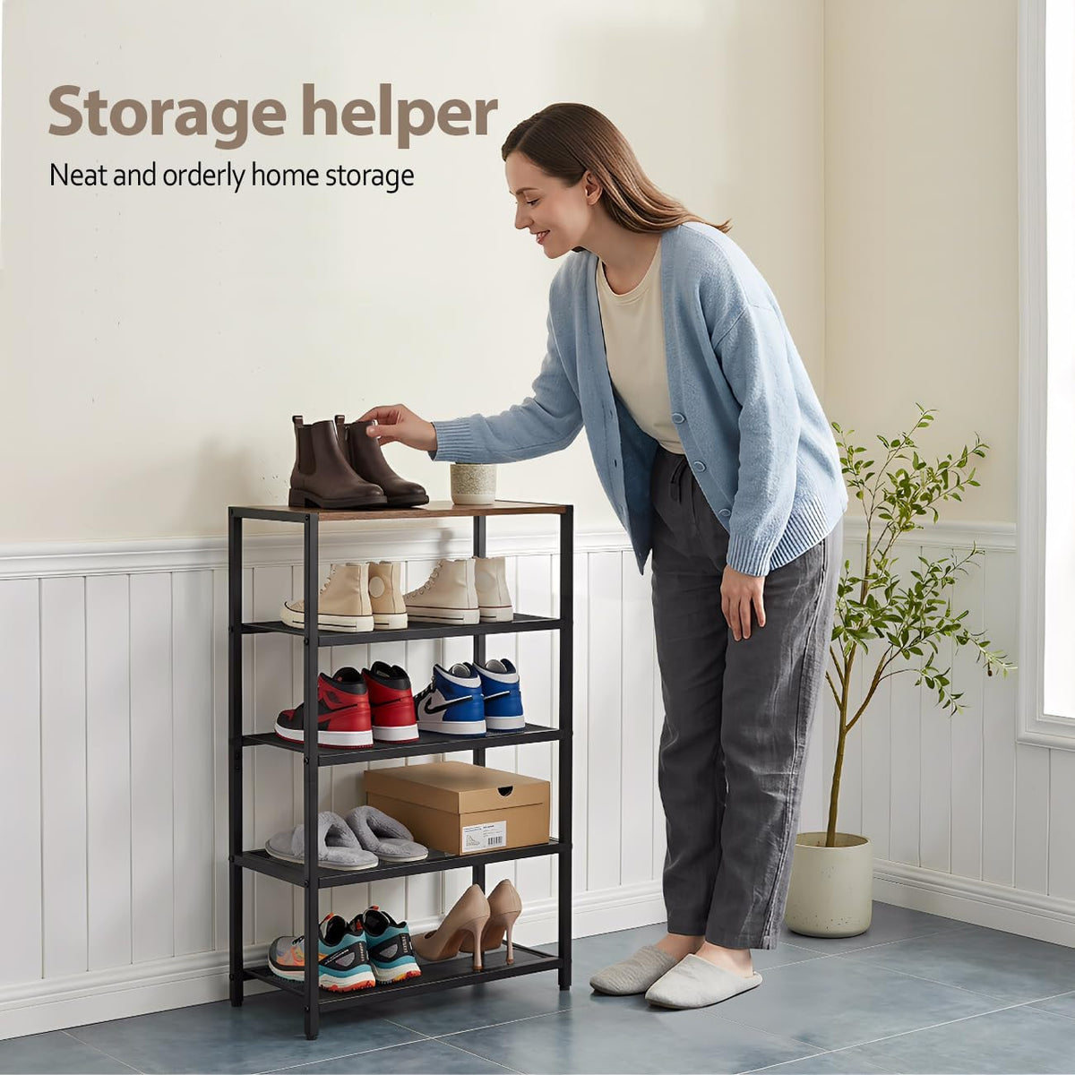 RUNJIMY shoe rack features metal mesh shelves for improved airflow and organization.