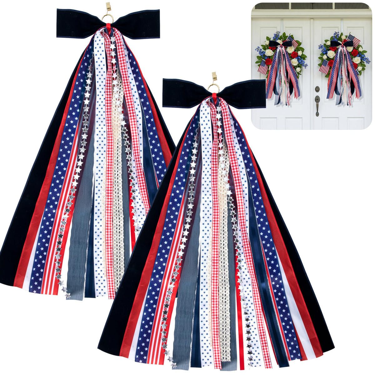 RunNico patriotic ribbon bow with clip-on wreath for easy year-round display.