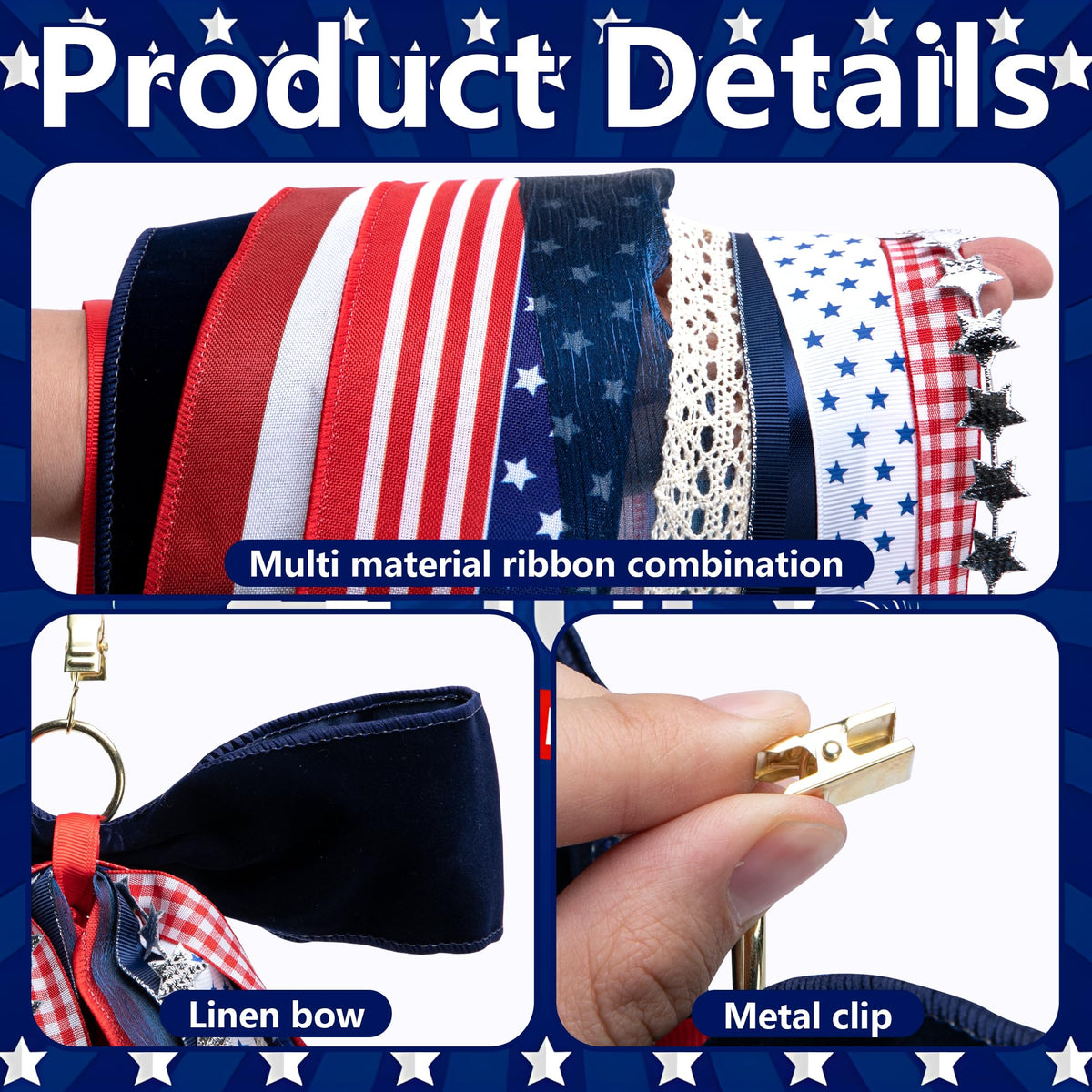 RunNico red white blue striped-star ribbon adds layered festive depth.