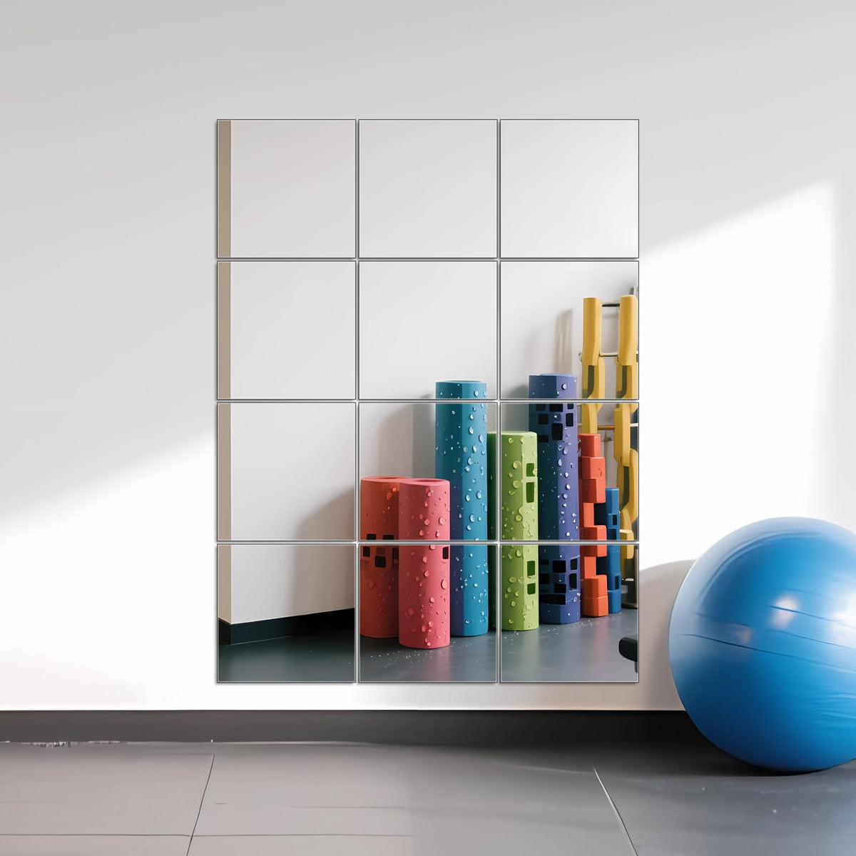 Ruomeng 12x12 frameless mirror tile ideal for dance spaces and workouts.