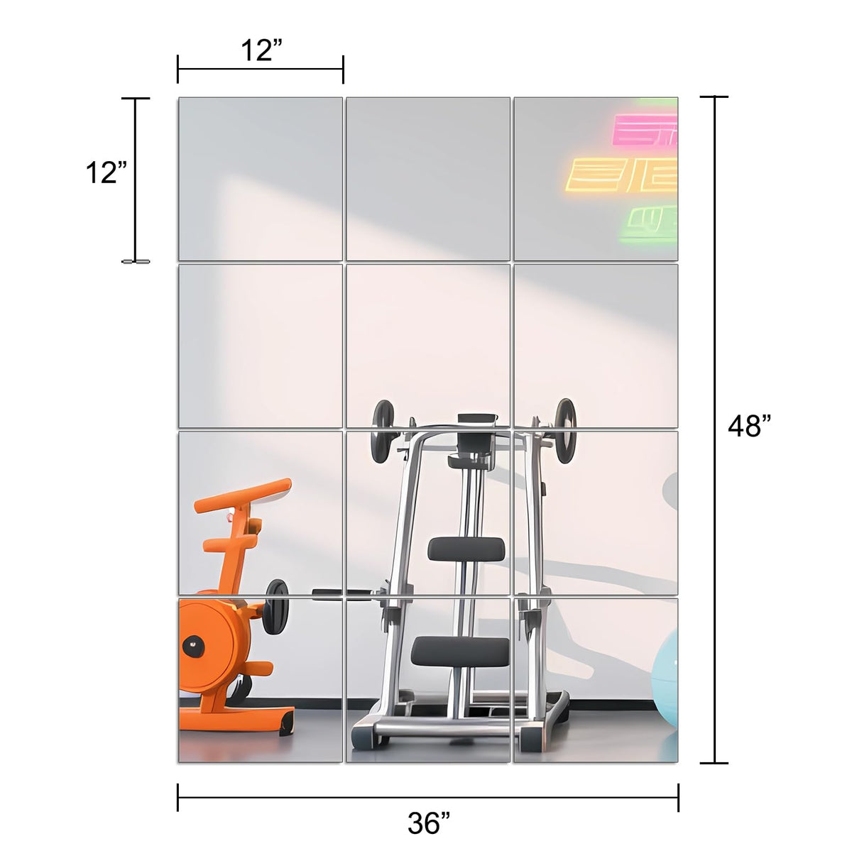 Ruomeng 12x12 frameless mirror tile with frosted edge safety detail.