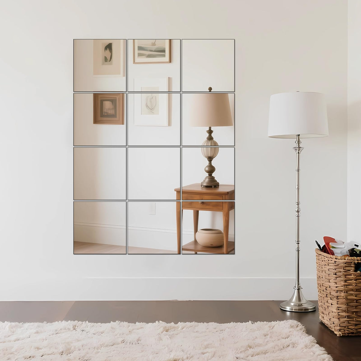 Ruomeng 12x12 frameless mirror tile on door for quick checks while entering rooms.