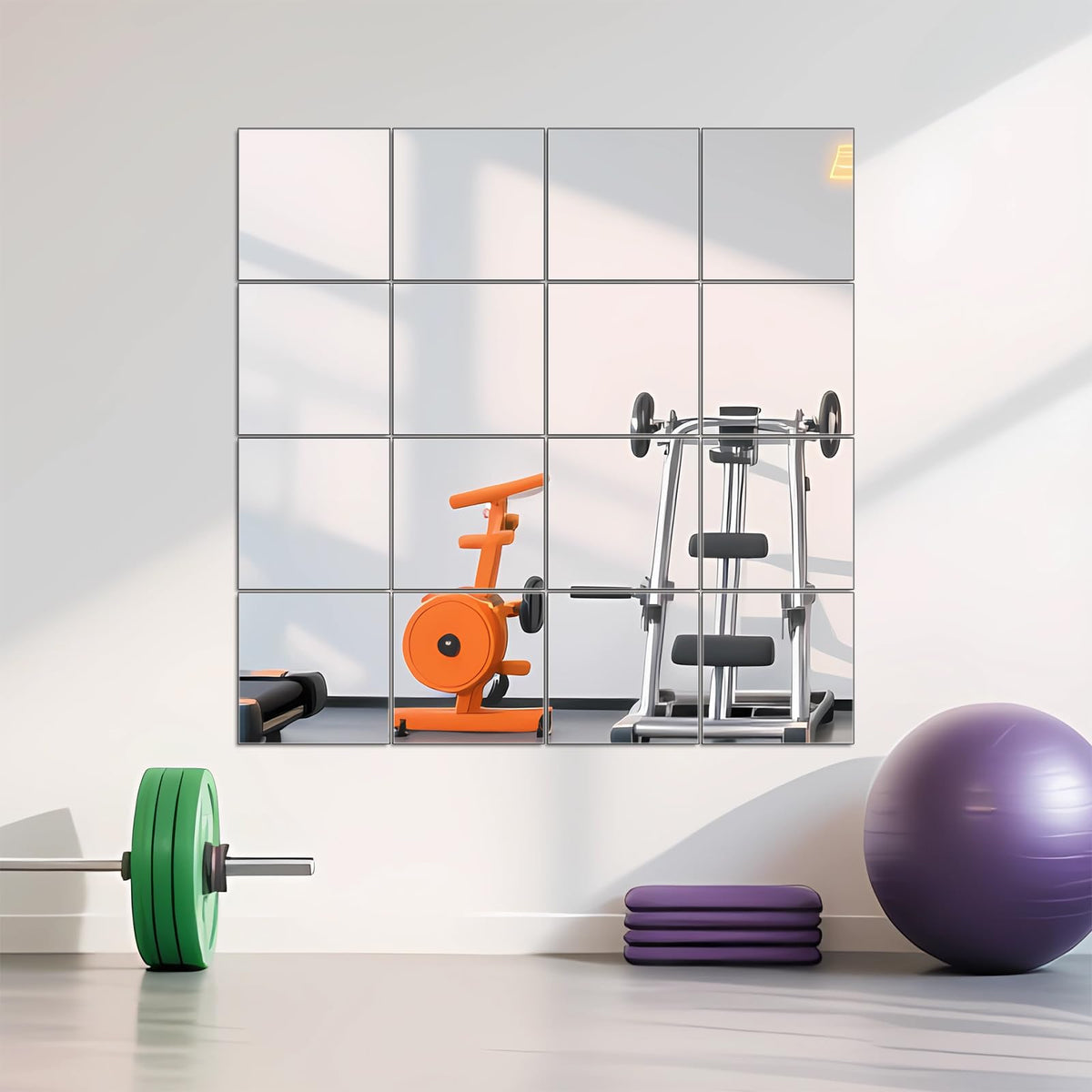 Ruomeng 12x12-inch mirror tile front view with frameless glass for home gym aesthetics