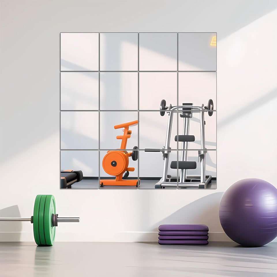 Ruomeng 12x12-inch mirror tile front view with frameless glass for home gym aesthetics