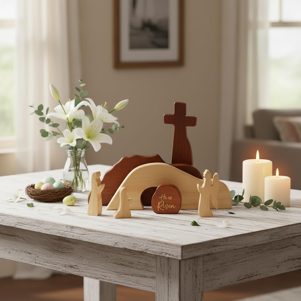 RUSATEN Empty tomb with movable stone, highlighting resurrection symbolism for home display.