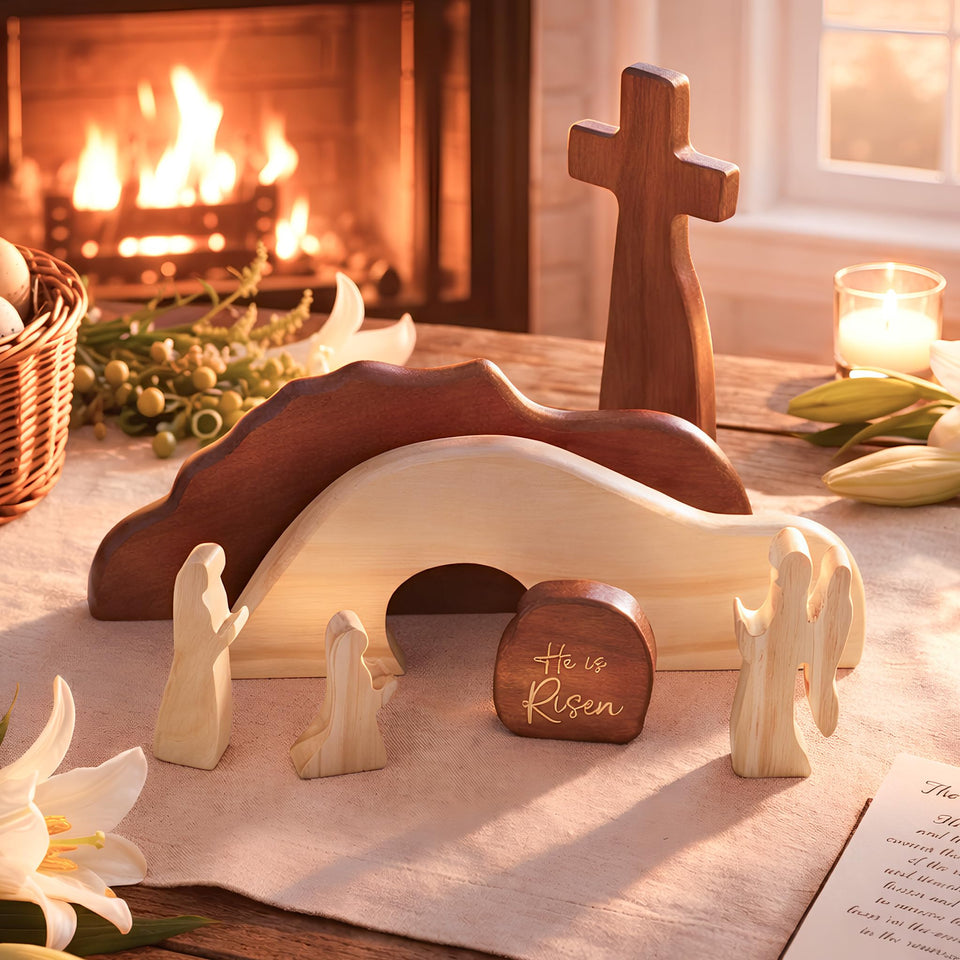 RUSATEN He is Risen resurrection scene with cross and tomb, ideal Easter centerpiece.