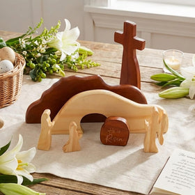 RUSATEN Soft warm wood finish enhances rustic or modern Christian decor.