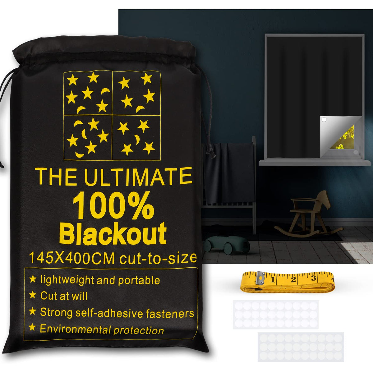 RUseeN portable blackout shades fitted on a large window for total darkness.