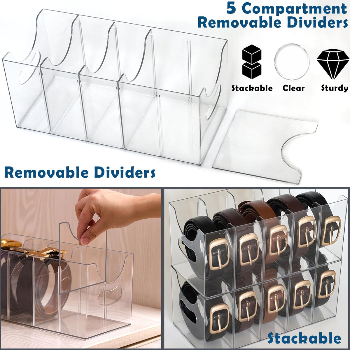 Five-compartment belt bin neatly separates belts in drawers.