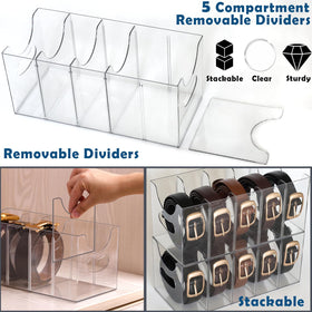 Five-compartment belt bin neatly separates belts in drawers.