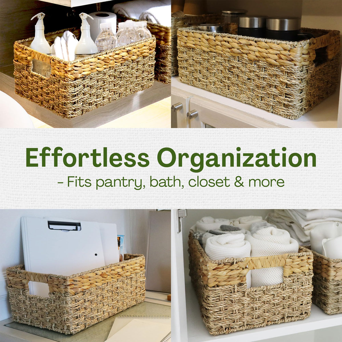 Rustic Home Resources pantry organizer basket streamlines storage with natural materials.