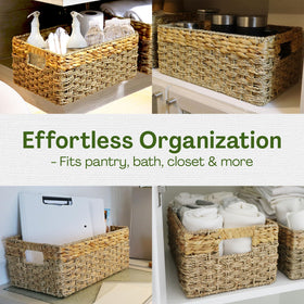 Rustic Home Resources pantry organizer basket streamlines storage with natural materials.
