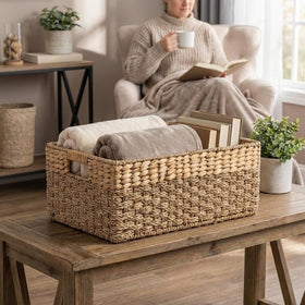 Rustic Home Resources shelving basket keeps items organized on 18-inch shelves and closets.