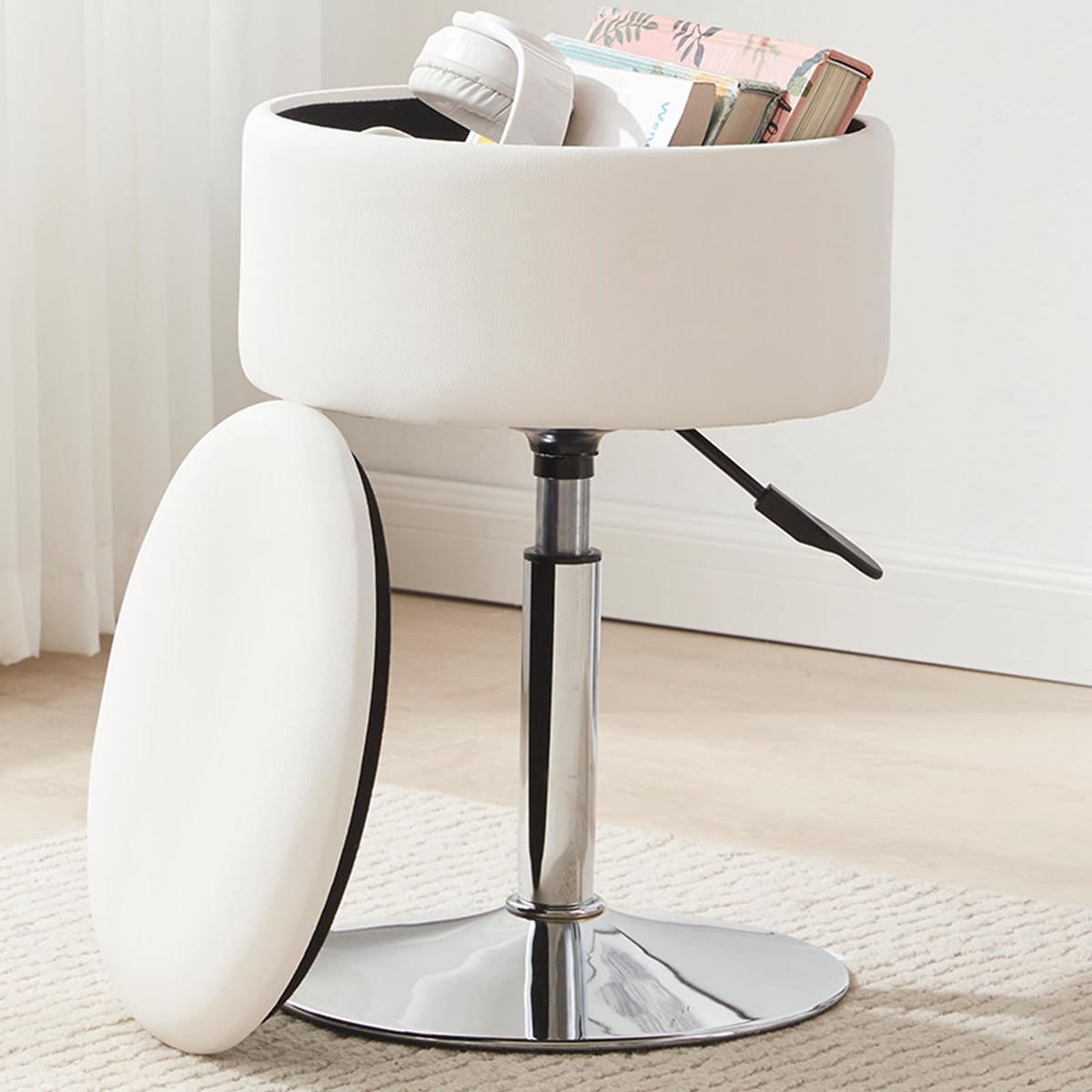 RUCUKEN adjustable vanity stool seat, ideal for precise makeup application and comfortable seated grooming.