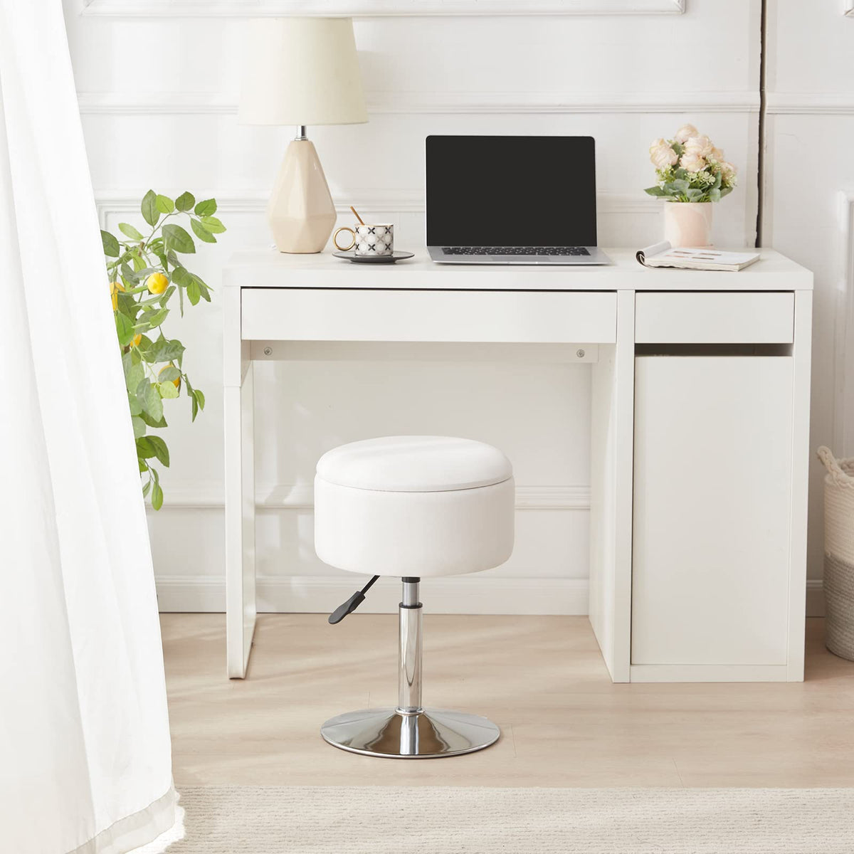 RUCUKEN faux leather vanity chair offers a smooth, easy-clean surface.