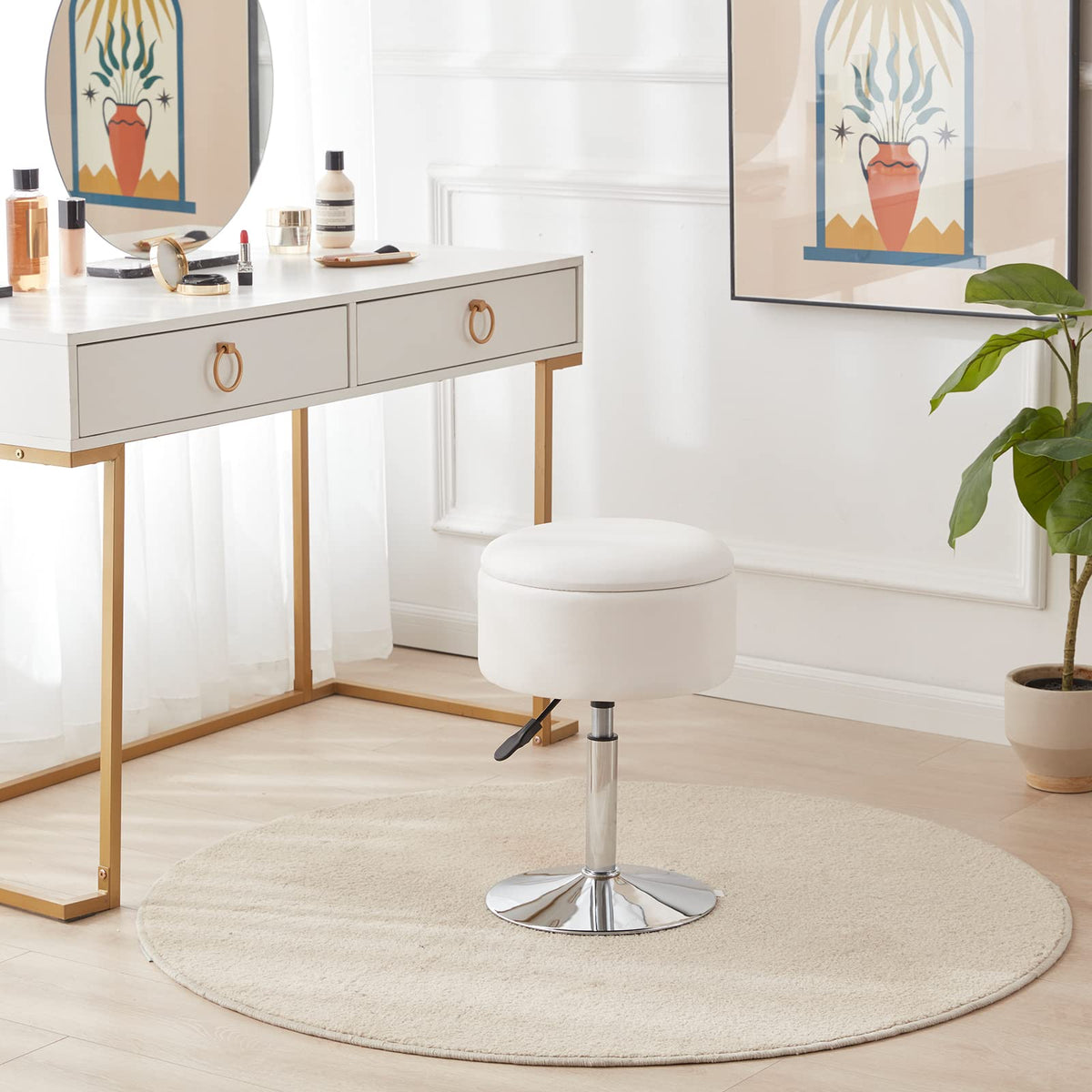 RUCUKEN vanity stool with storage compartment keeps brushes handy and room tidy.