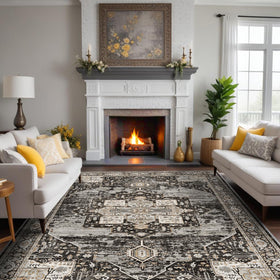 RUUGME washable 8x10 rug in living room setting with black color enhances comfort